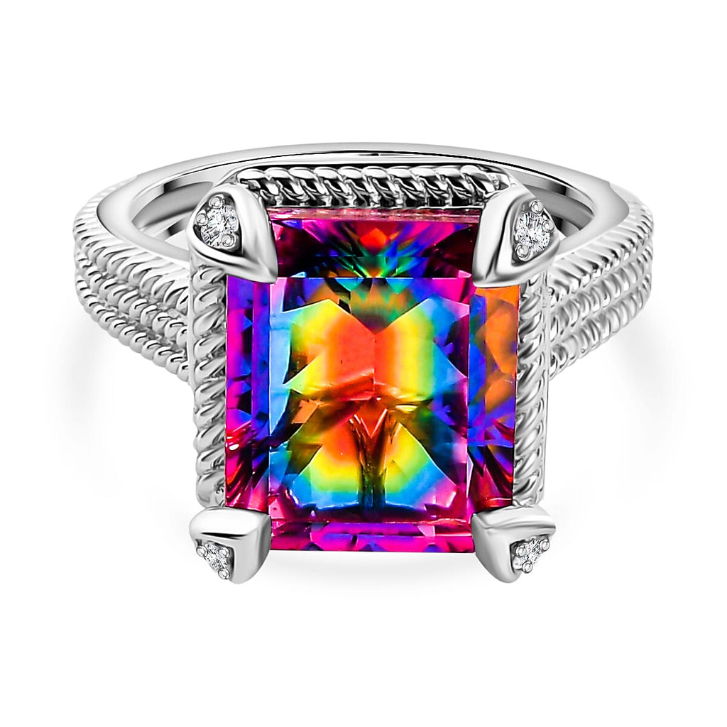 Nebula Quartz Doublet, White Zircon Solitaire Ring in Rhodium Sterling Silver 6.29 Ct.