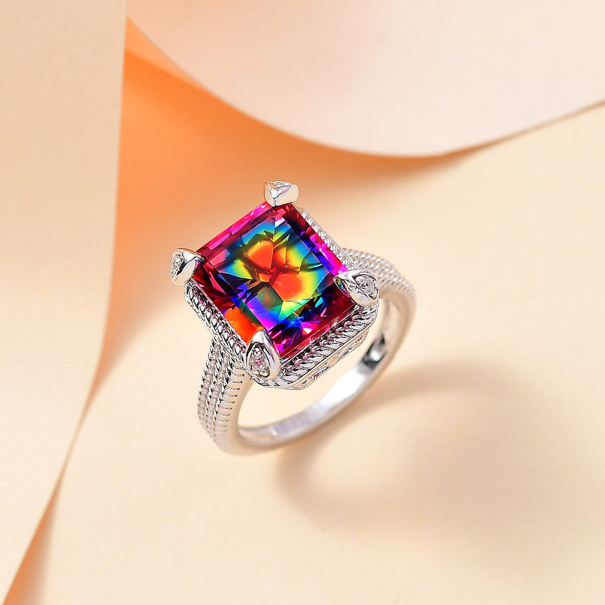Nebula Quartz Doublet, White Zircon Solitaire Ring in Rhodium Overlay Sterling Silver 6.29 Ct. 7930268 2