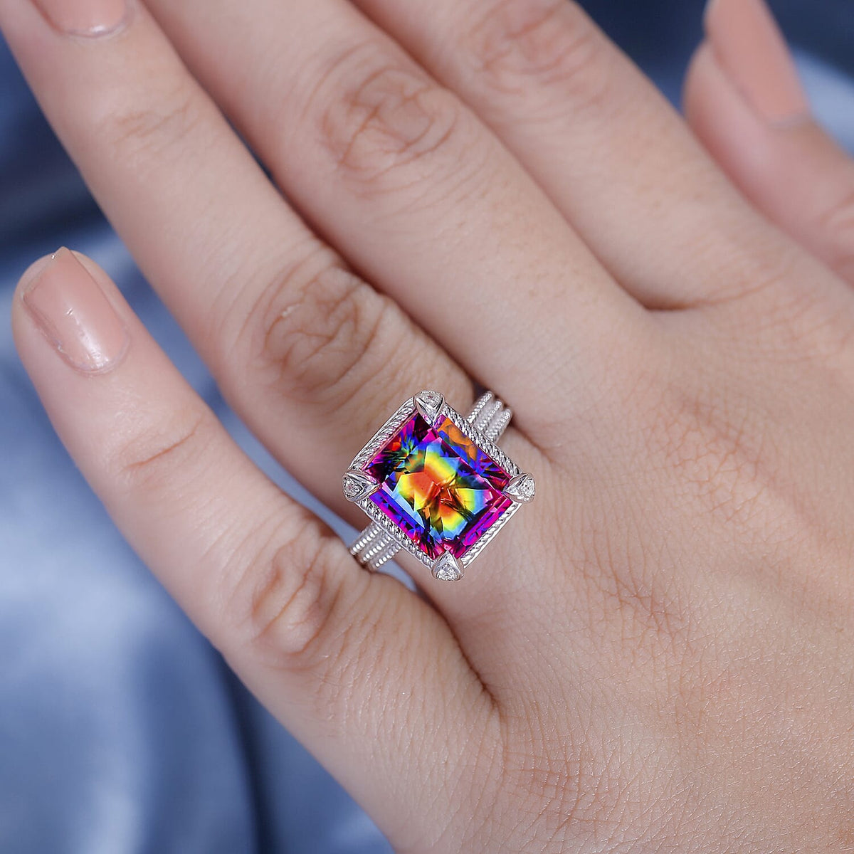 Nebula Quartz Doublet, White Zircon Solitaire Ring in Rhodium Overlay Sterling Silver 6.29 Ct. 7930268 3