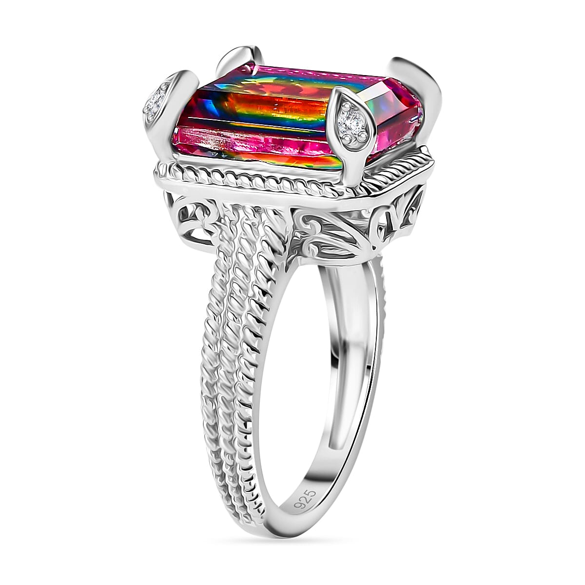 Nebula Quartz Doublet, White Zircon Solitaire Ring in Rhodium Overlay Sterling Silver 6.29 Ct. 7930268 4