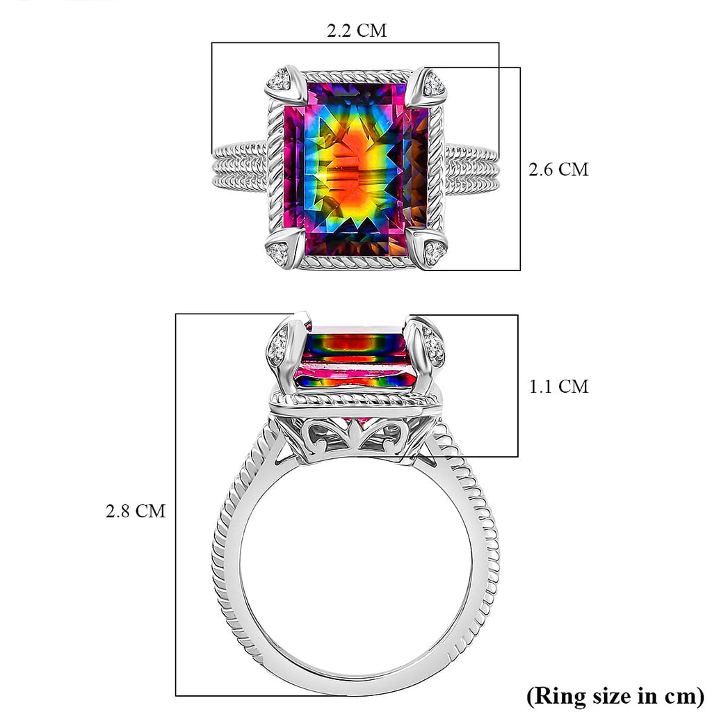 Nebula Quartz Doublet, White Zircon Solitaire Ring in Rhodium Sterling Silver 6.29 Ct.