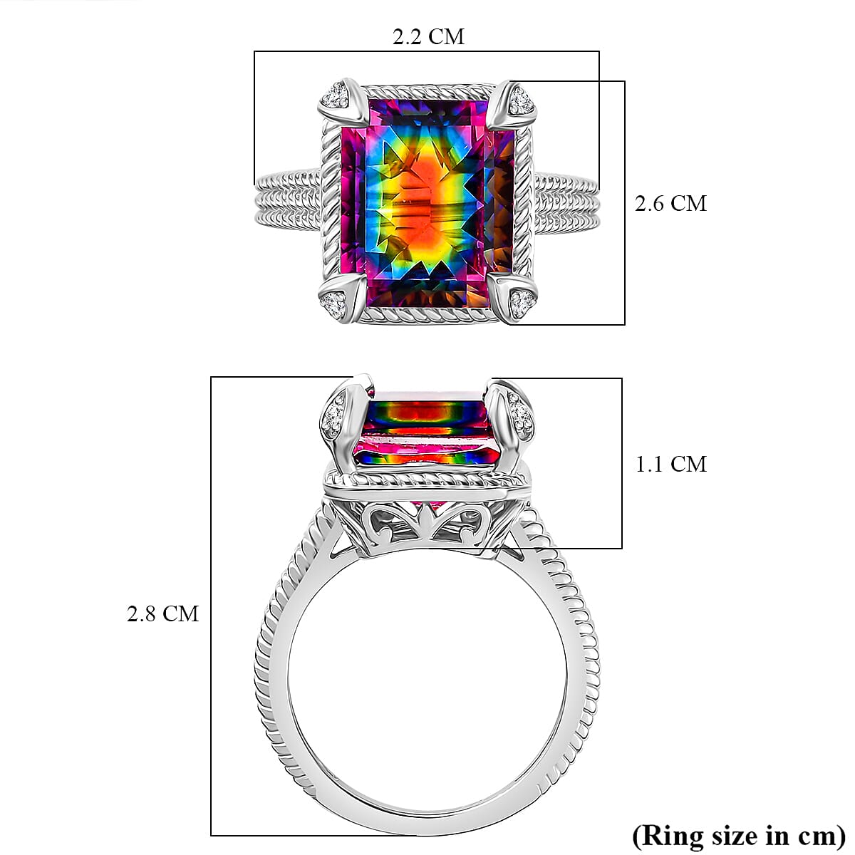 Nebula Quartz Doublet, White Zircon Solitaire Ring in Rhodium Overlay Sterling Silver 6.29 Ct. 7930268 6
