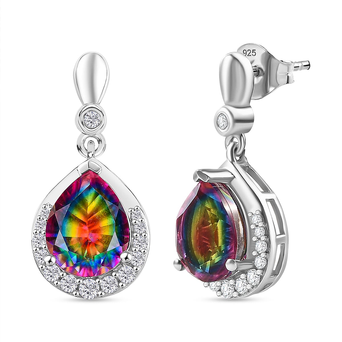 Nebula Quartz Doublet, White Zircon Drop Earrings in Rhodium Overlay Sterling Silver 7891107 0