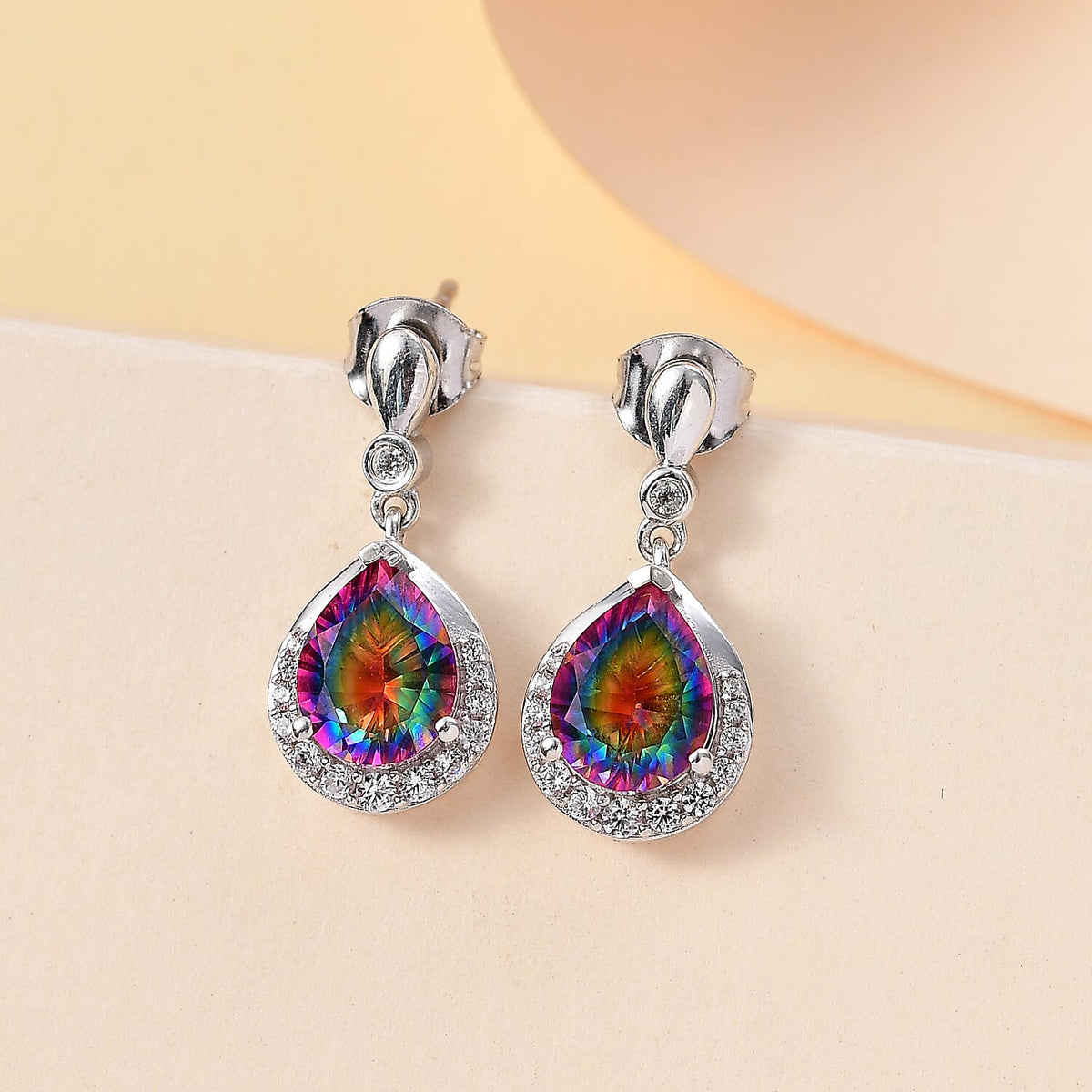 Nebula Quartz Doublet, White Zircon Drop Earrings in Rhodium Overlay Sterling Silver 7891107 1