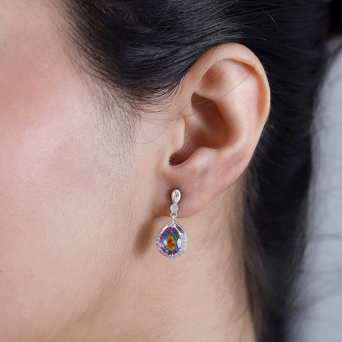 Nebula Quartz Doublet, White Zircon Drop Earrings in Rhodium Overlay Sterling Silver 7891107 2