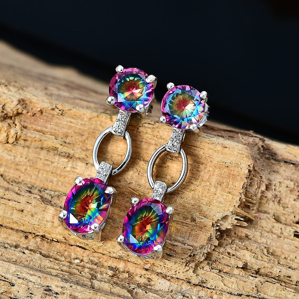 Galaxy Glow Nebula Quartz &amp; White Zircon Dangling Earrings in Rhodium Overlay Sterling Silver 4.63 Ct. 8048197 2