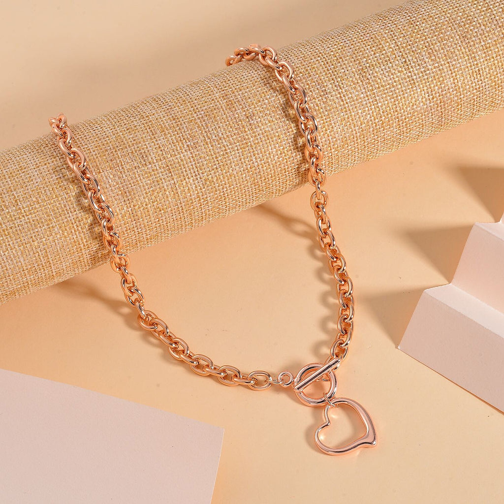 Designer CLOSEOUT - Belcher Link T-Bar Toggle Clasp Heart Charm Rose Gold Plated Necklace (Size 20)
