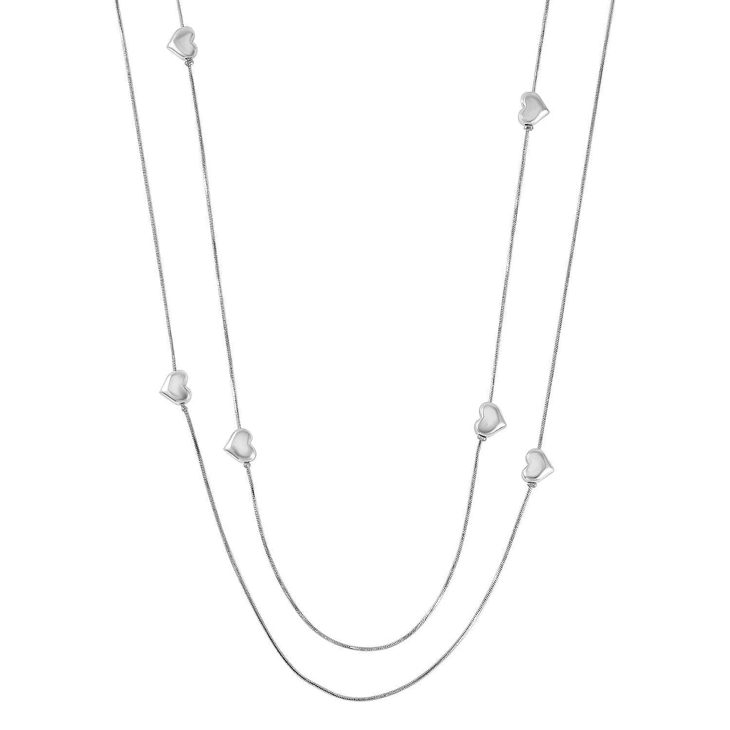 Designer Inspired Silver Plated Double Layered Heart Charm Station Necklace (Size - 33)