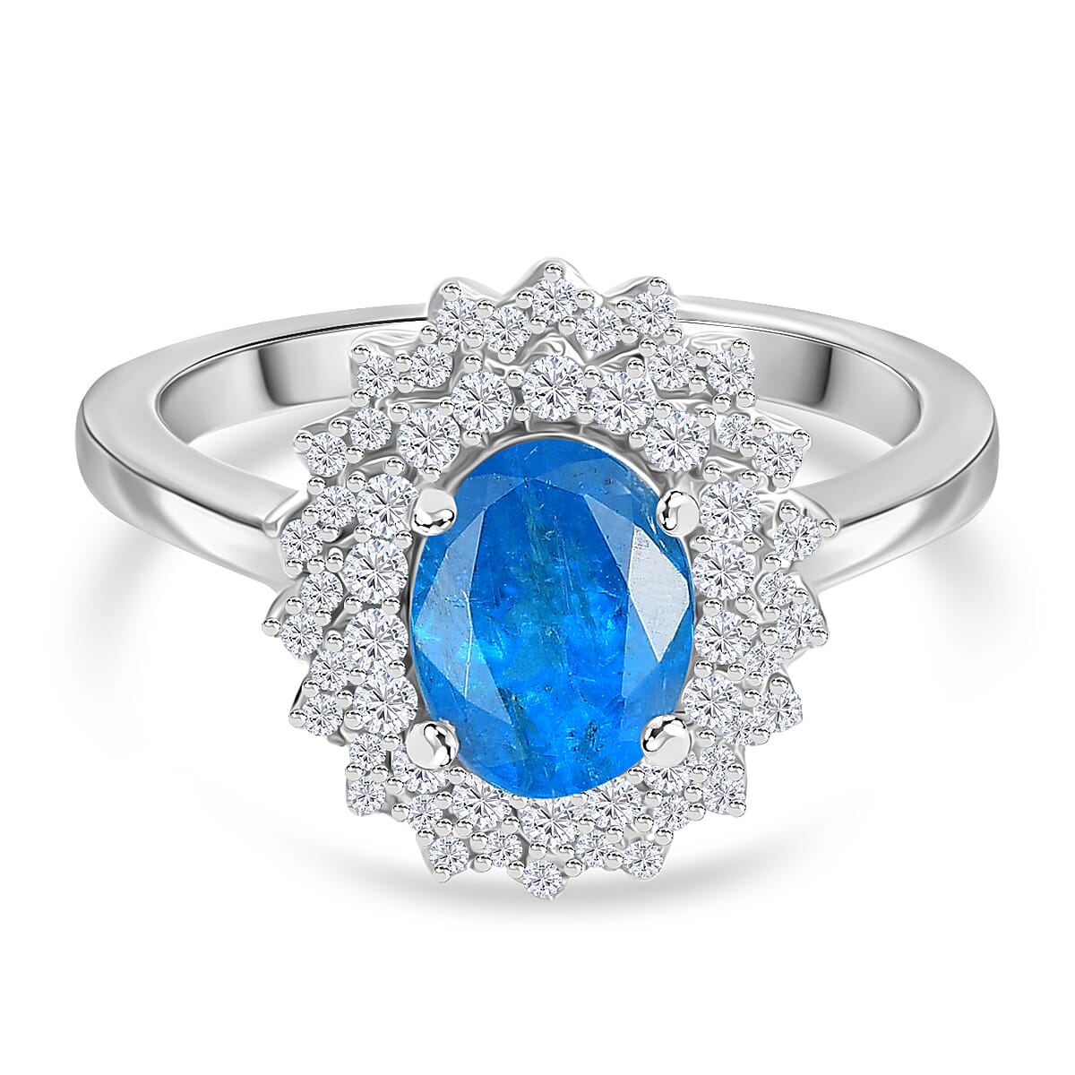 Premium Neon Apatite, White Zircon Halo Ring in Rhodium Overlay Sterling Silver 1.74 Cts. 8048774 0