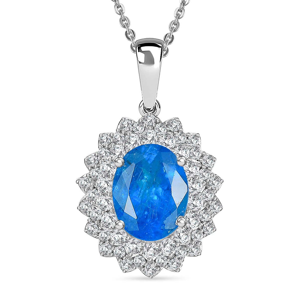 THE ELECTRIC JEWEL - Premium Neon Apatite &amp; White Zircon Pendant with Chain (Size - 20) in Rhodium Overlay Sterling Silver 1.78 Ct. 4356133 0