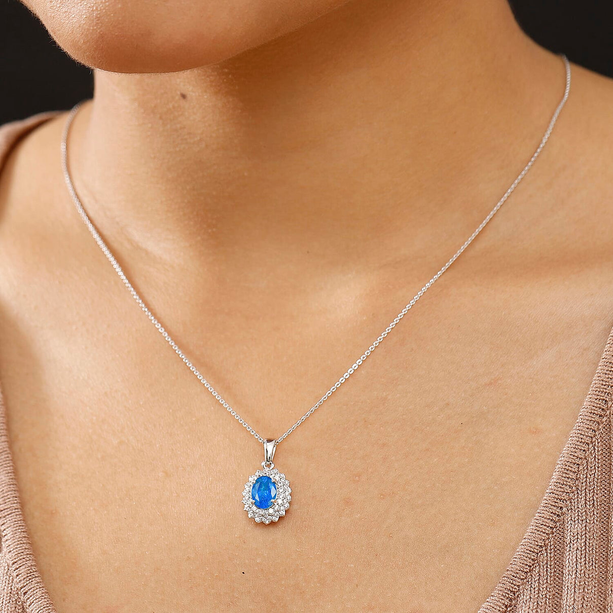 THE ELECTRIC JEWEL - Premium Neon Apatite &amp; White Zircon Pendant with Chain (Size - 20) in Rhodium Overlay Sterling Silver 1.78 Ct. 4356133 3