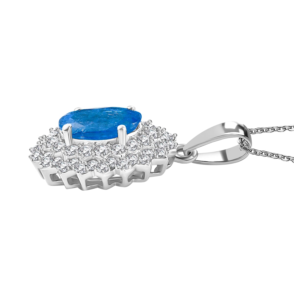 THE ELECTRIC JEWEL - Premium Neon Apatite &amp; White Zircon Pendant with Chain (Size - 20) in Rhodium Overlay Sterling Silver 1.78 Ct. 4356133 4