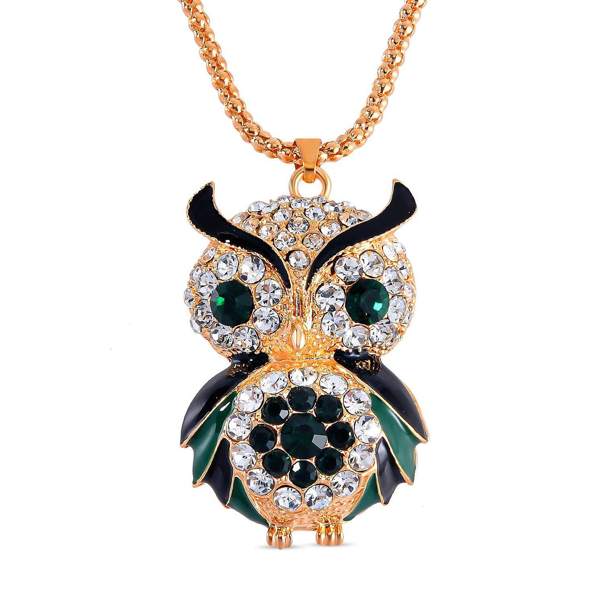 Green &amp; White Austrian Crystal Enamelled Owl Necklace (Size 28 - 2 Inch) in Yellow Gold Tone 7665773 0