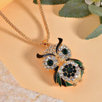Green & White Austrian Crystal Enamelled Owl Necklace (Size 28 - 2 Inch) in Yellow Gold Tone