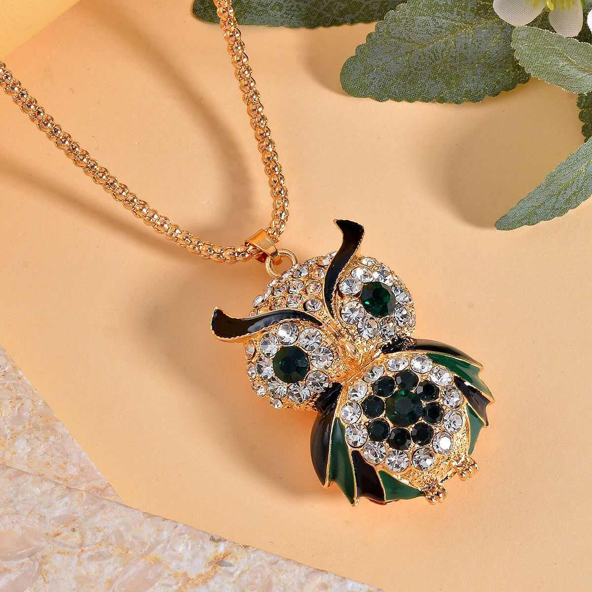 Green &amp; White Austrian Crystal Enamelled Owl Necklace (Size 28 - 2 Inch) in Yellow Gold Tone 7665773 2