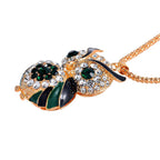 Green & White Austrian Crystal Enamelled Owl Necklace (Size 28 - 2 Inch) in Yellow Gold Tone