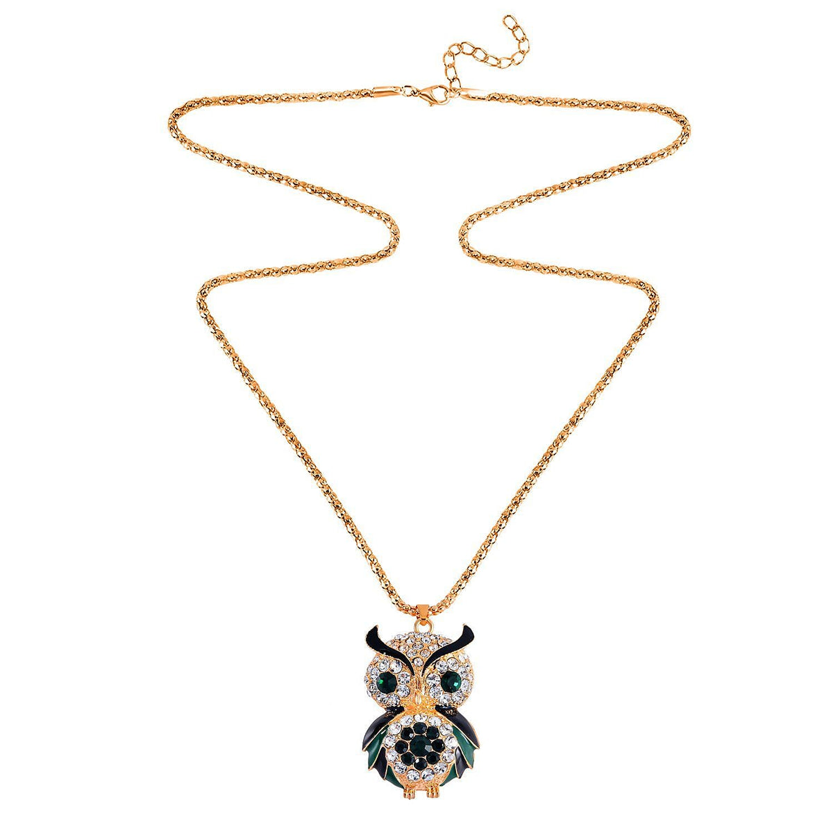 Green &amp; White Austrian Crystal Enamelled Owl Necklace (Size 28 - 2 Inch) in Yellow Gold Tone 7665773 6