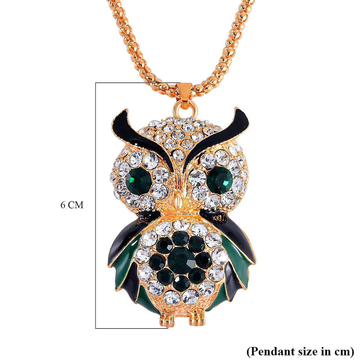 Green &amp; White Austrian Crystal Enamelled Owl Necklace (Size 28 - 2 Inch) in Yellow Gold Tone 7665773 7