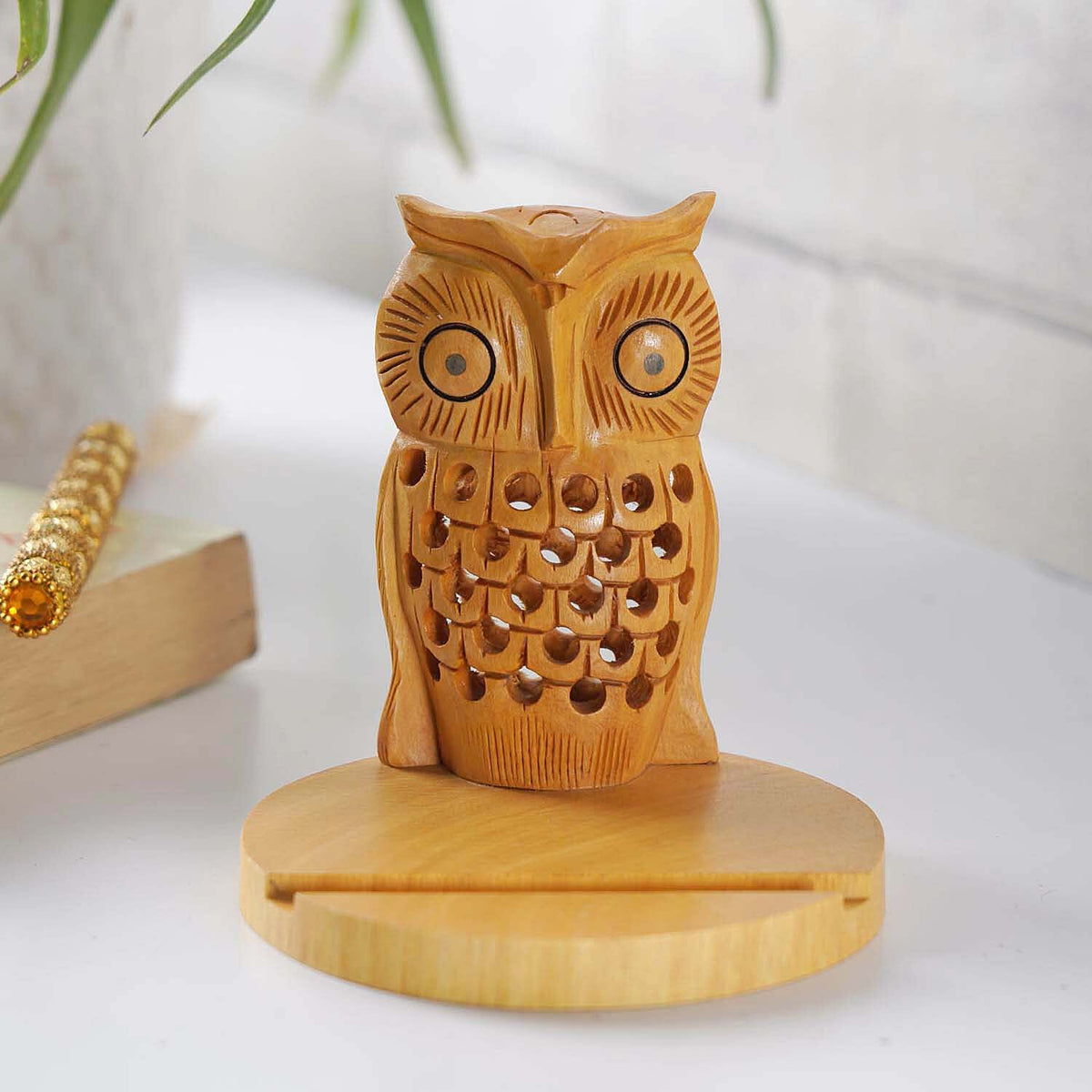 Hand Carved Wooden Mobile Phone Holder- Owl 6066501 6
