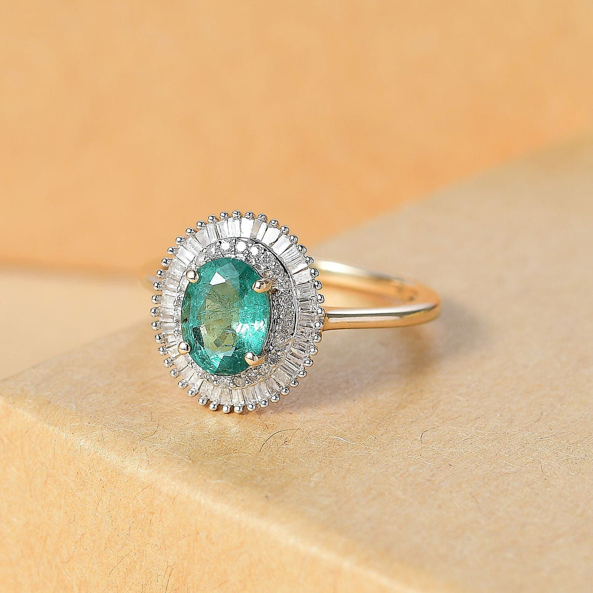 9K Yellow Gold AAA Gemfields Zambian Emerald, White Diamond Double Halo Ring 1.57 Ct. 7958316 3