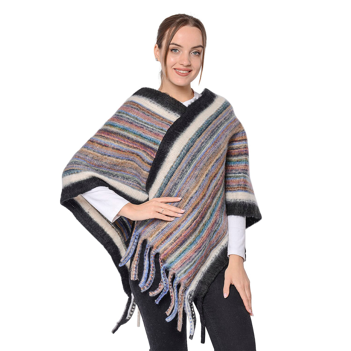 New Arrival Spring Style Striped Poncho with Black Border and Tassel Hem 6064409 0