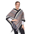 New Arrival Spring Style Striped Poncho with Black Border and Tassel Hem
