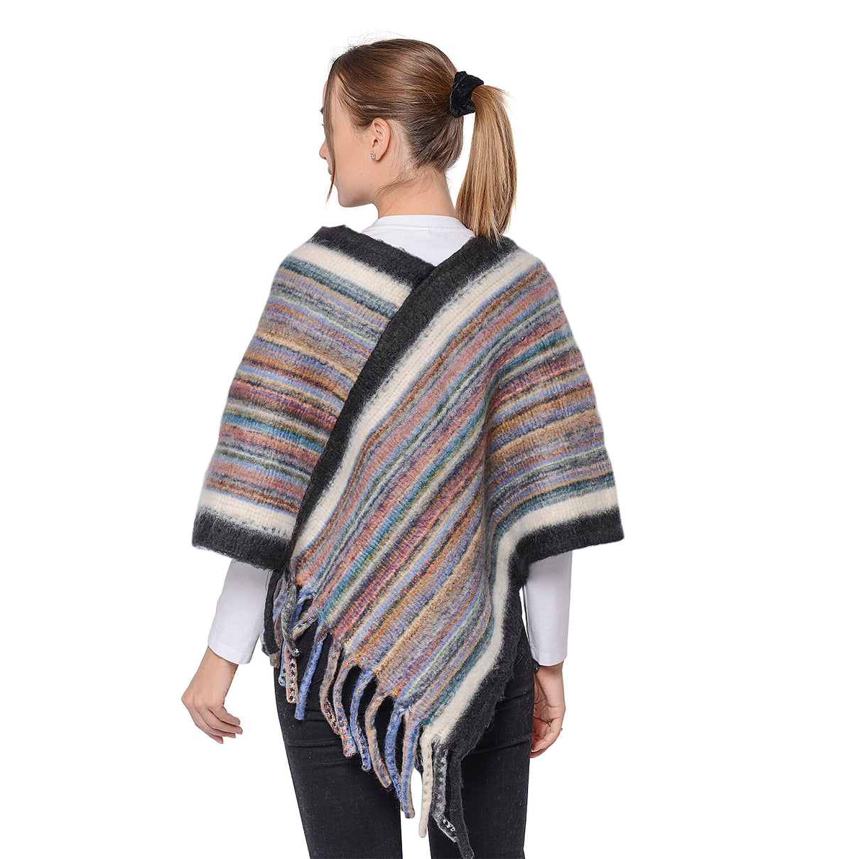 New Arrival Spring Style Striped Poncho with Black Border and Tassel Hem 6064409 2