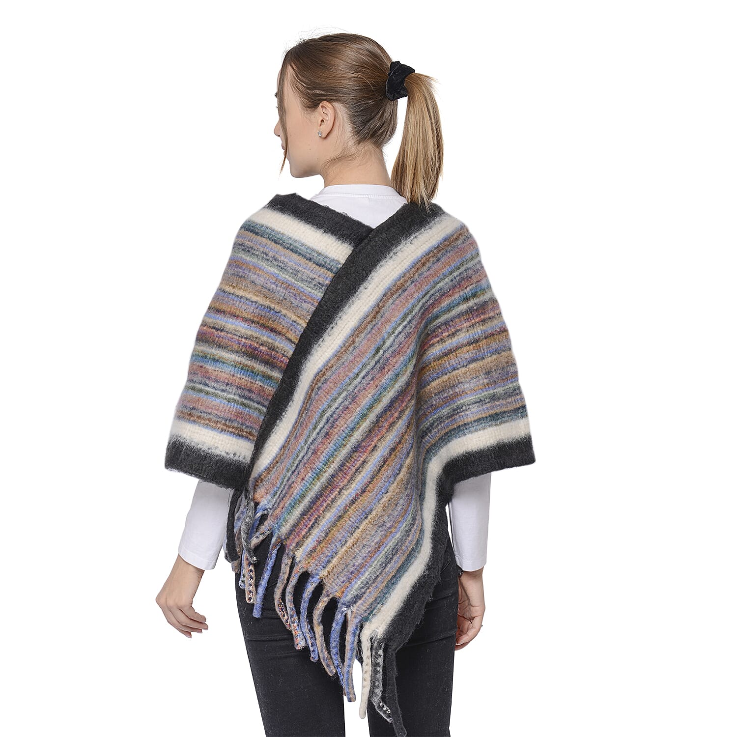 New Arrival Spring Style Striped Poncho with Black Border and Tassel Hem 6064409 2