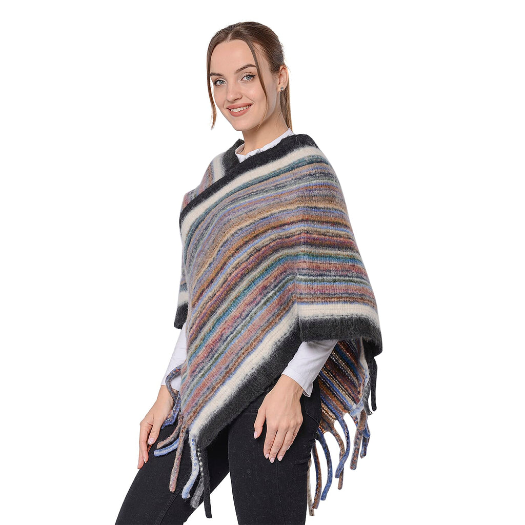 New Arrival Spring Style Striped Poncho with Black Border and Tassel Hem