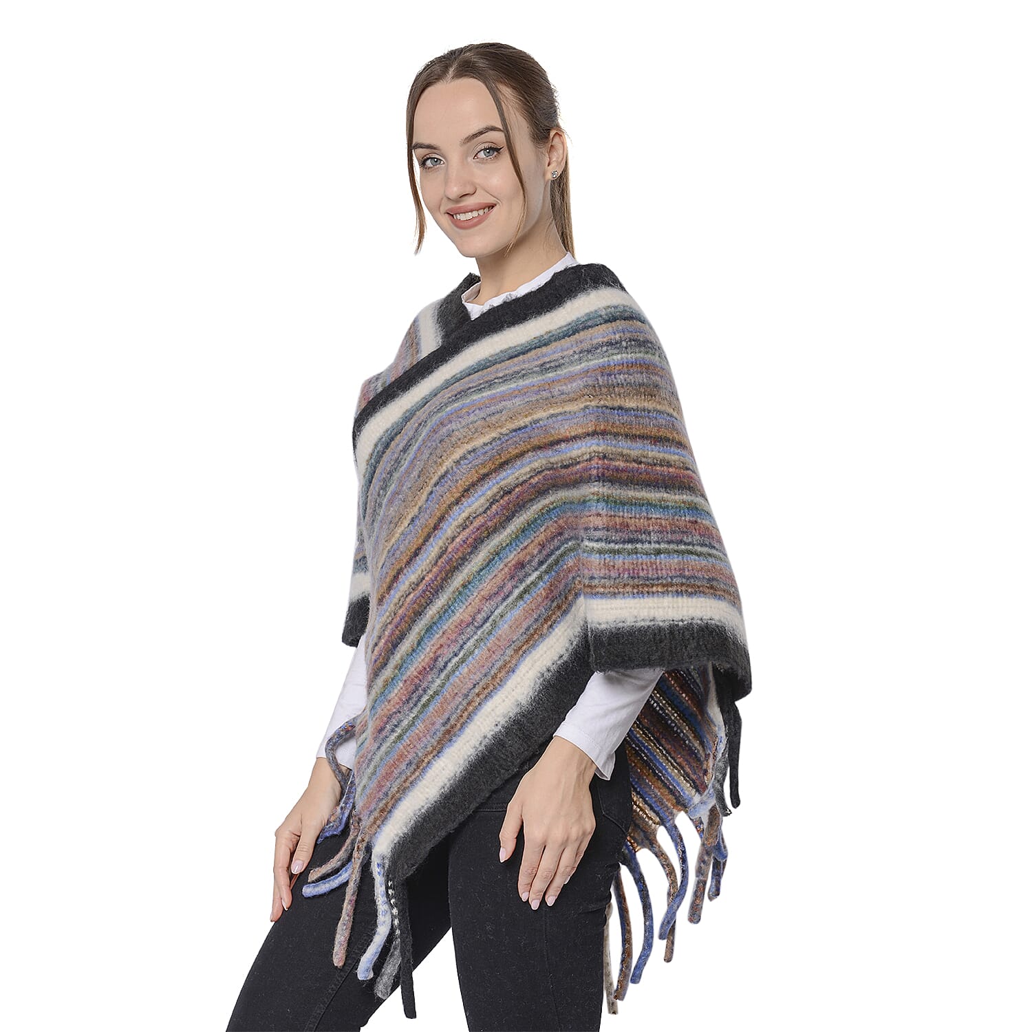 New Arrival Spring Style Striped Poncho with Black Border and Tassel Hem 6064409 3