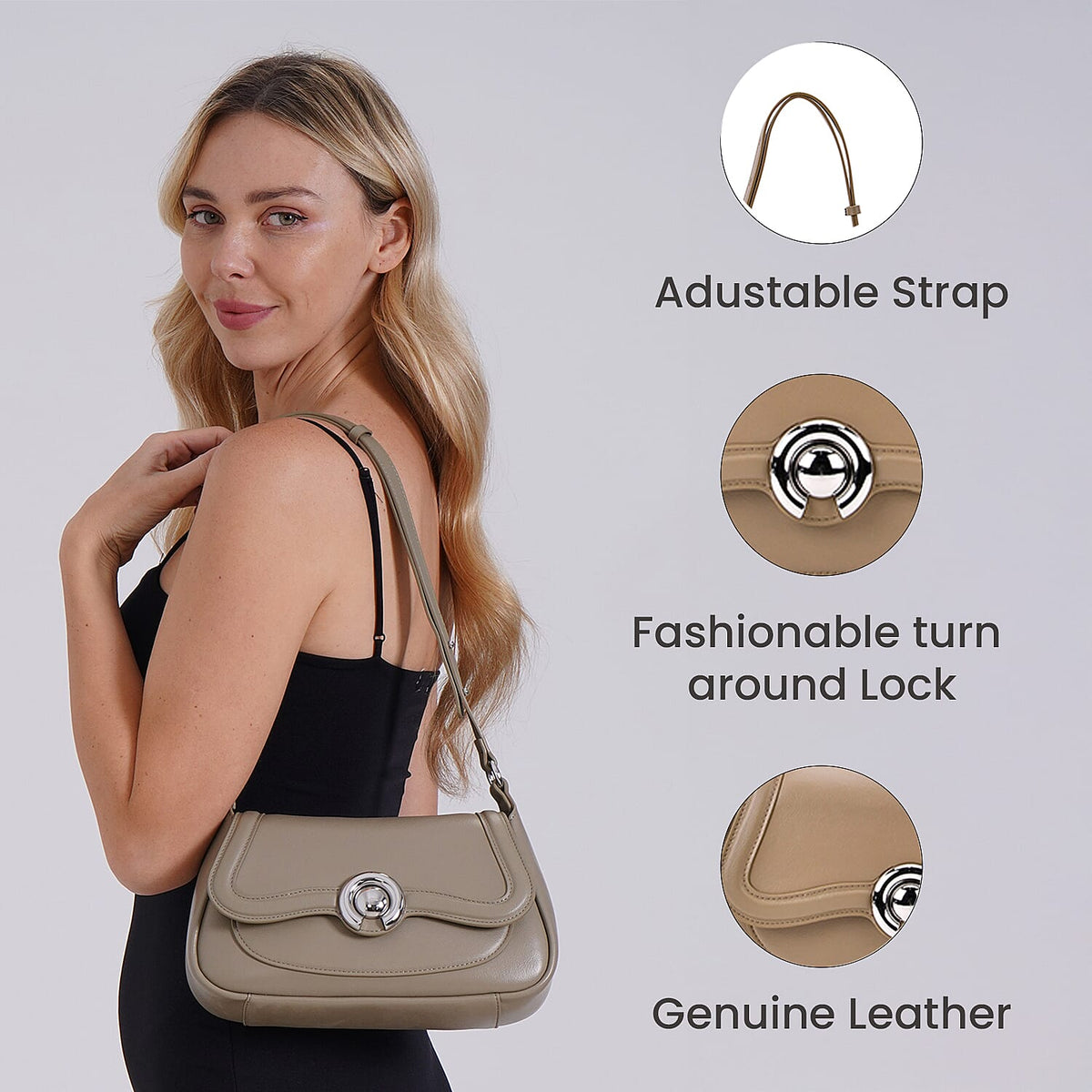 New Brand Launch - Grand Pelle Genuine Leather Crossbody Bag with Adjustable Strap - Khaki V32631049 3