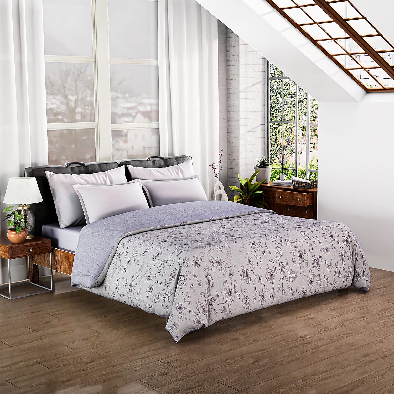 Flower and Leaves Printed Blanket Set - Extra Large 7780423 0
