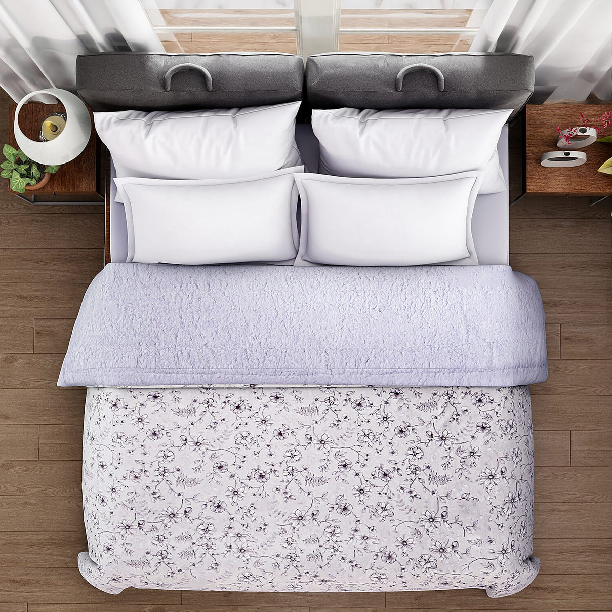 Flower and Leaves Printed Blanket Set - Extra Large 7780423 3
