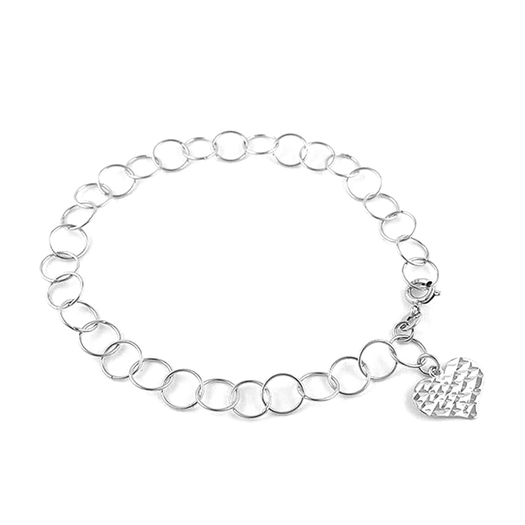 New York Close Out Sterling Silver Round Link Heart Charms Bracelet (Size 7.5) with Spring Ring Clasp.