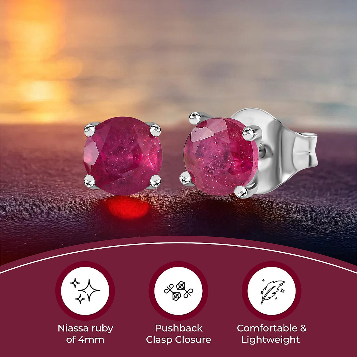 African Ruby (4 mm) Stud Earrings in Platinum Overlay Sterling Silver 7544885 4
