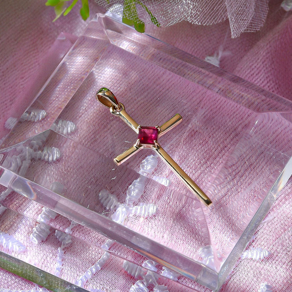 9K Yellow Gold African Ruby Solitaire Cross Pendant