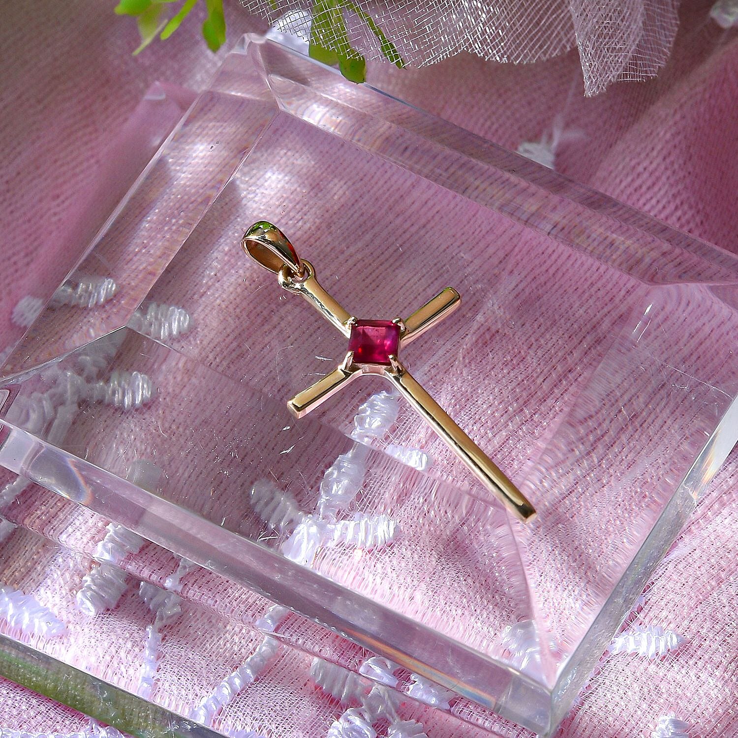 9K Yellow Gold African Ruby Solitaire Cross Pendant 7628546 3