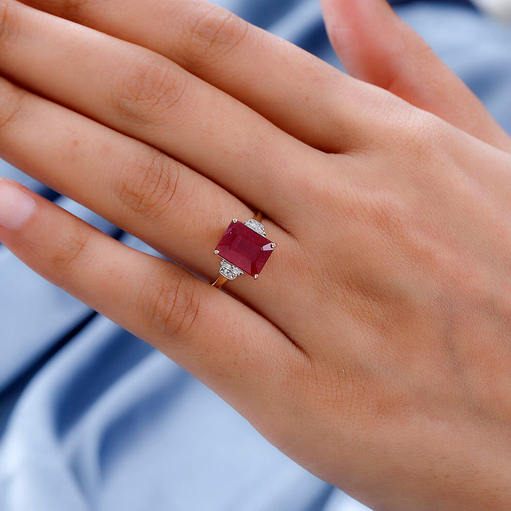 9K Yellow Gold African Ruby and Diamond Ring 4.96 Ct