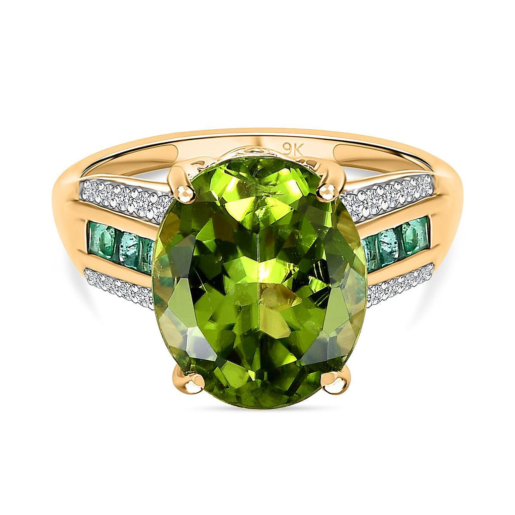 9K Yellow Gold Hebei Peridot, Zambian Emerald & Diamond Ring 5.60 Ct