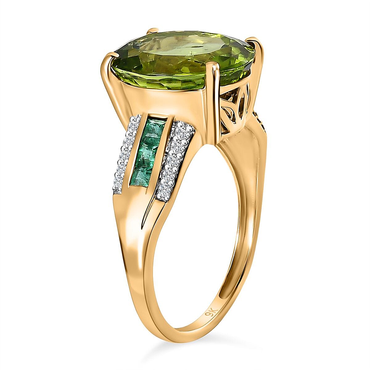 9K Yellow Gold Hebei Peridot, Zambian Emerald &amp; Diamond Ring 5.60 Ct 7624720 3
