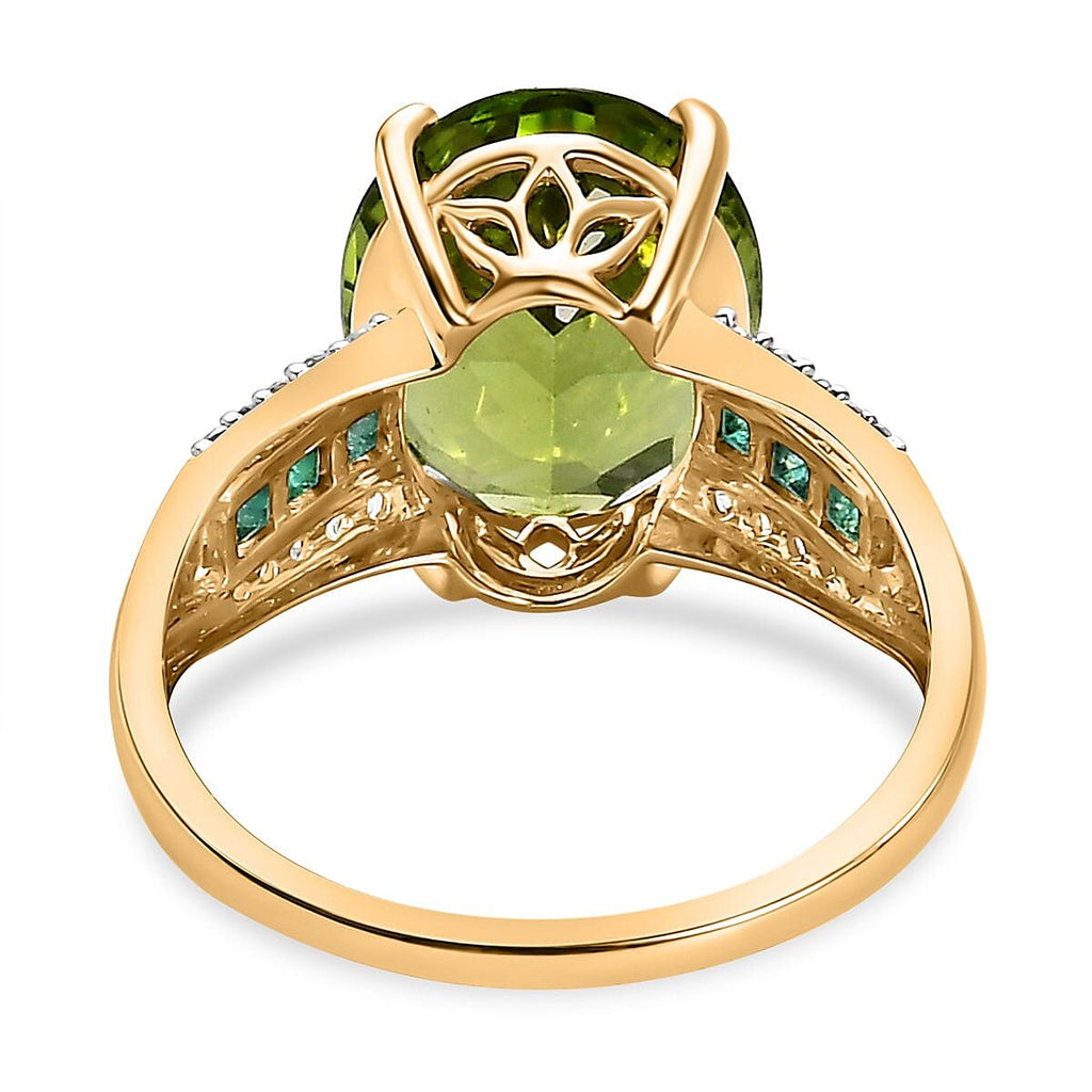 9K Yellow Gold Hebei Peridot, Zambian Emerald & Diamond Ring 5.60 Ct