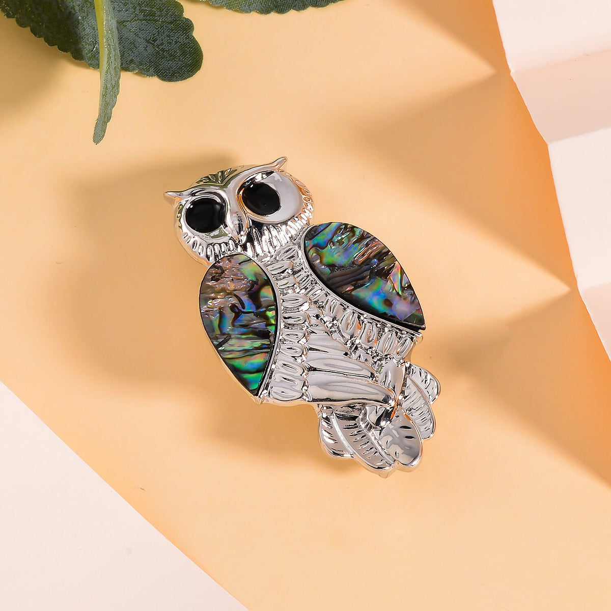 Abalone Shell Enamelled Owl Brooch in Silver Tone 7639091 1