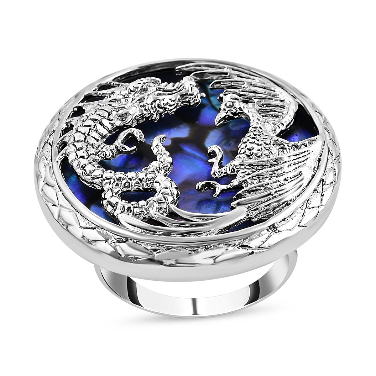Royal Bali Collection- Garuda and Naga Abalone Shell Handmade Ring in Sterling Silver 13.10 Ct, Silver Wt. 12.10 Gms 7635357 0