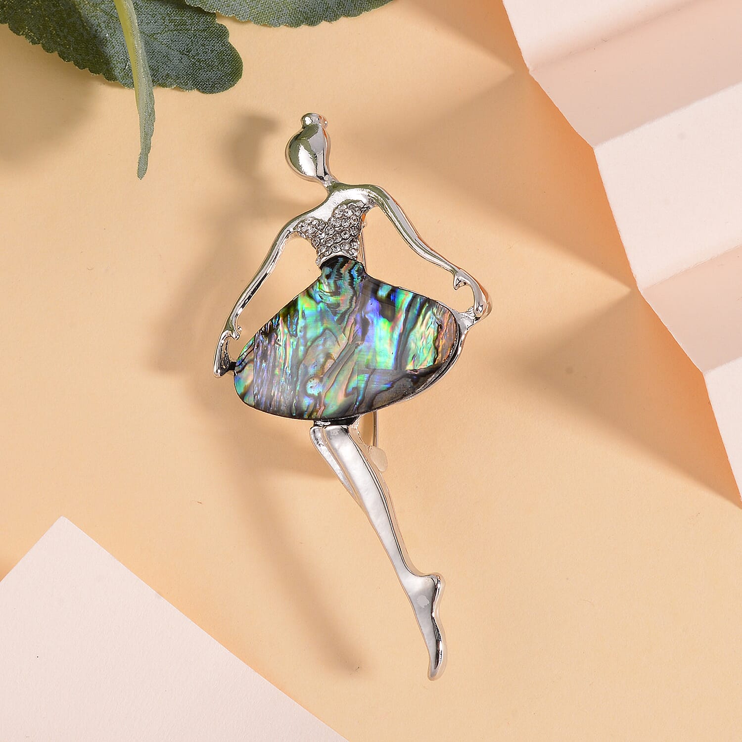 Abalone Shell &amp; White Austrian Crystal Ballerina Brooch in SIlver Tone 7639527 1