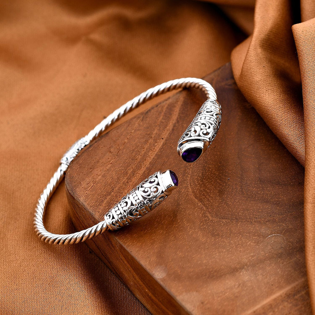 Royal Bali Collection Amethyst Cuff Bangle (Size - 7.0) in Sterling Silver 1.50 Ct, Silver Wt. 15.00 Gms