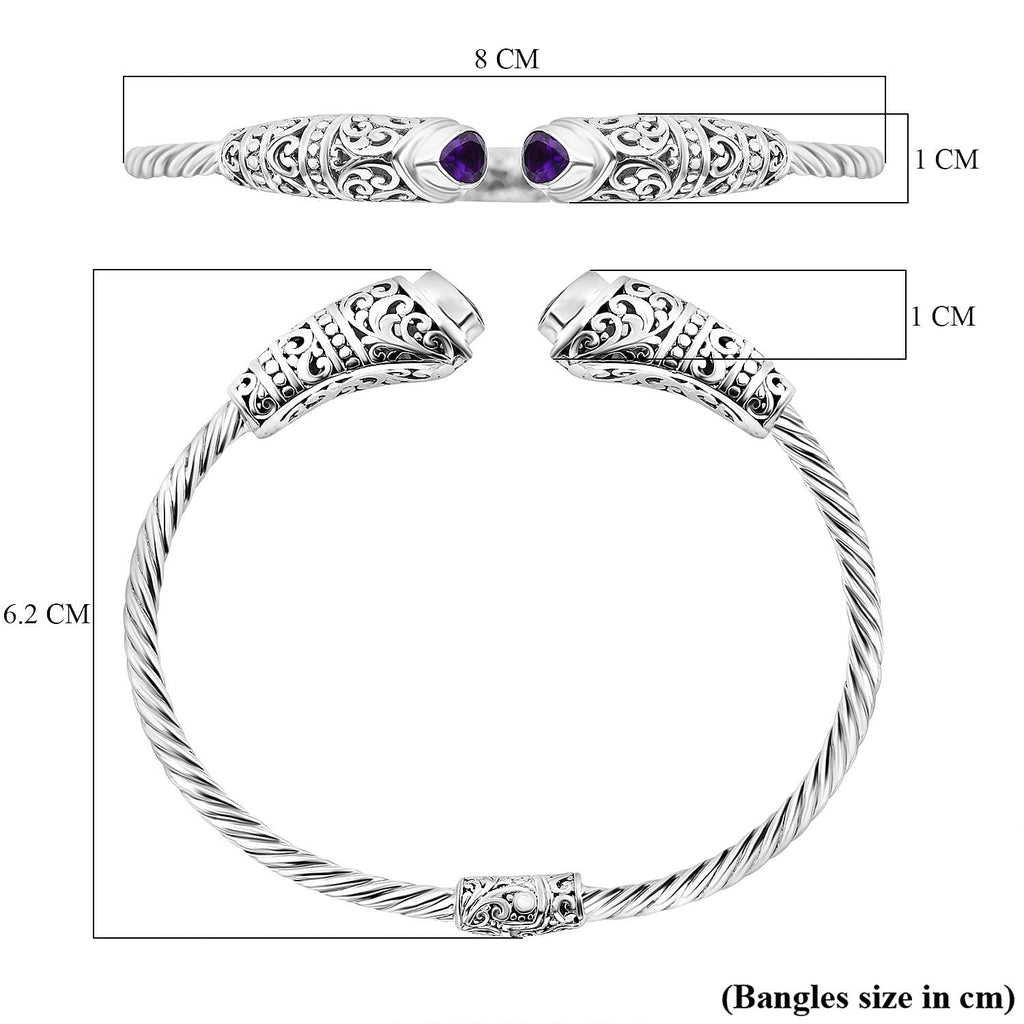 Royal Bali Collection Amethyst Cuff Bangle (Size - 7.0) in Sterling Silver 1.50 Ct, Silver Wt. 15.00 Gms