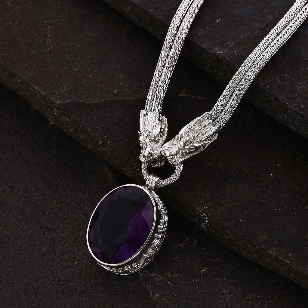Royal Bali Collection - Amethyst Solitaire Necklace (Size - 20) in Sterling Silver 25.00 Ct, Silver Wt. 44 Gms