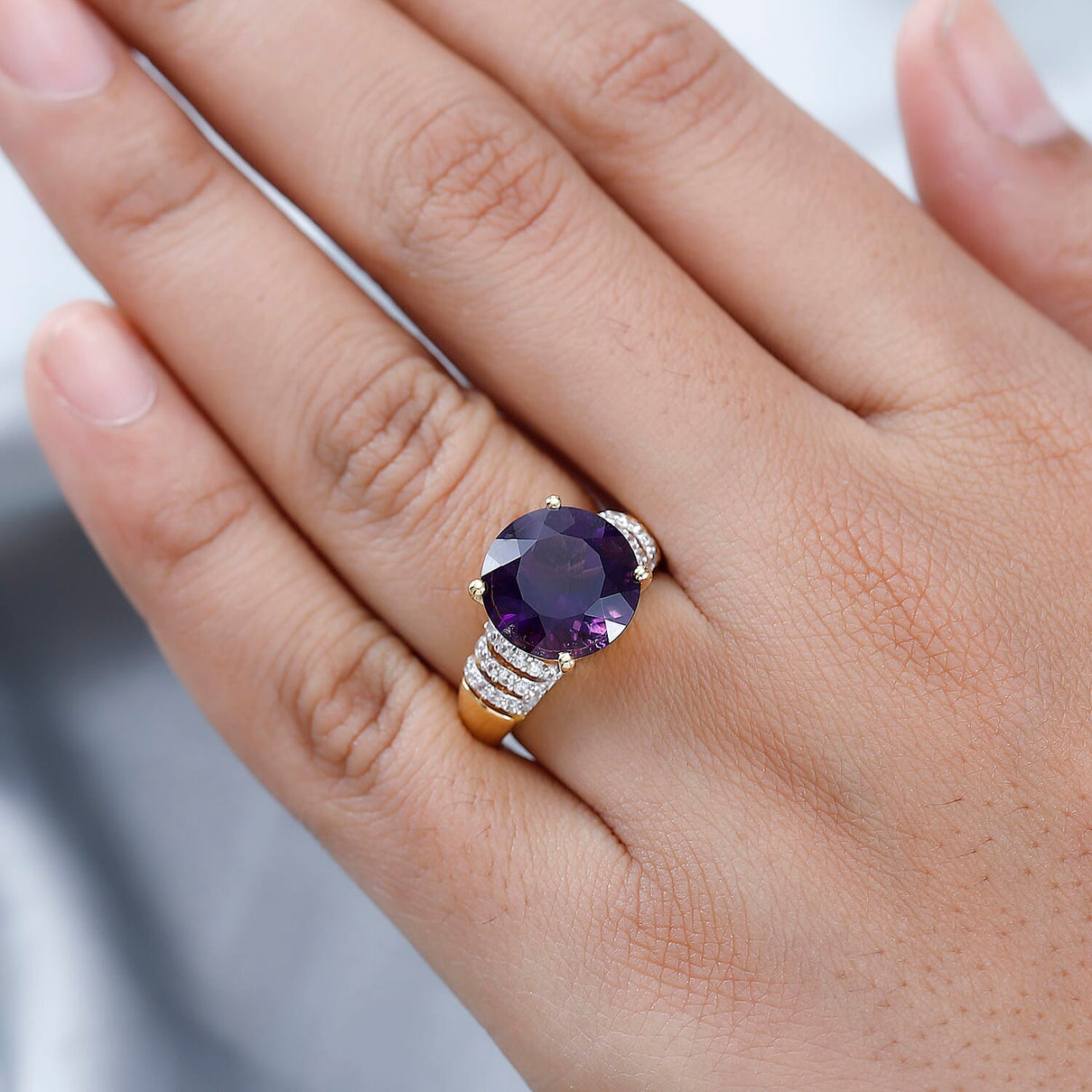 African Amethyst, White Zircon Ring in 18K Vermeil Yellow Gold Plated Sterling Silver 5.90 ct  5.451  Ct. 7641505 2