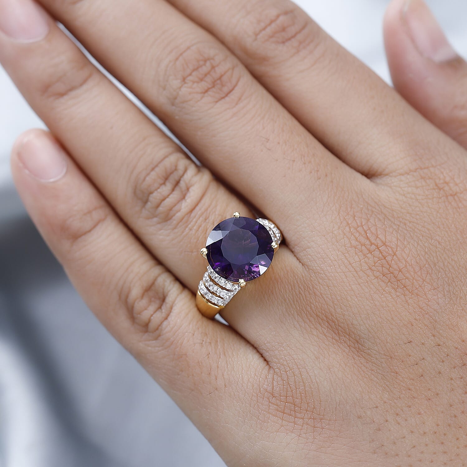 African Amethyst, White Zircon Ring in 18K Vermeil Yellow Gold Plated Sterling Silver 5.90 ct  5.451  Ct. 7641505 2