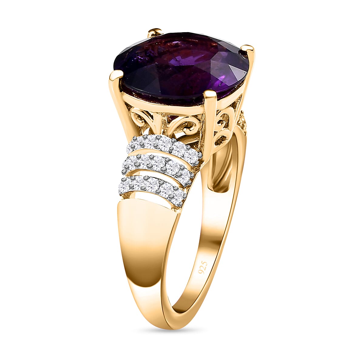 African Amethyst, White Zircon Ring in 18K Vermeil Yellow Gold Plated Sterling Silver 5.90 ct  5.451  Ct. 7641505 3